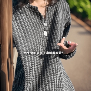 美式高街千鸟格子长袖T恤男女亨利V领英伦雅痞休闲宽松长袖打底衫图片