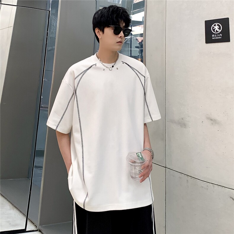 美式复古手工刺绣装饰T恤休闲宽松百搭圆领短袖男T802-P38，男装T恤，电商C307A