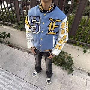 RRORCODE刺绣pu袖棒球服美式潮宽松夹克外套秋季图片