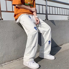 春夏季十字架牛仔裤ins潮牌宽松拖地裤高街直筒阔腿裤K3038-P46，男装牛仔裤，星座512-3