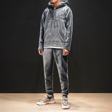 703-TZ172日系男士加绒冲锋卫衣套装金丝绒拼灯芯绒大码，男装套装，星座703