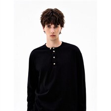 美式复古风亨利领打底衫高克重水洗男士纯色圆领长袖T恤上衣，男装T恤，星座516A