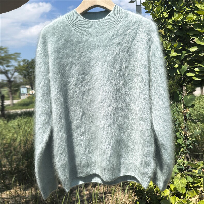 高端拉绒半高领100%纯羊绒衫女秋冬宽松长毛针织套头毛衣长袖打底,女装羊绒衫,诚赞羊绒