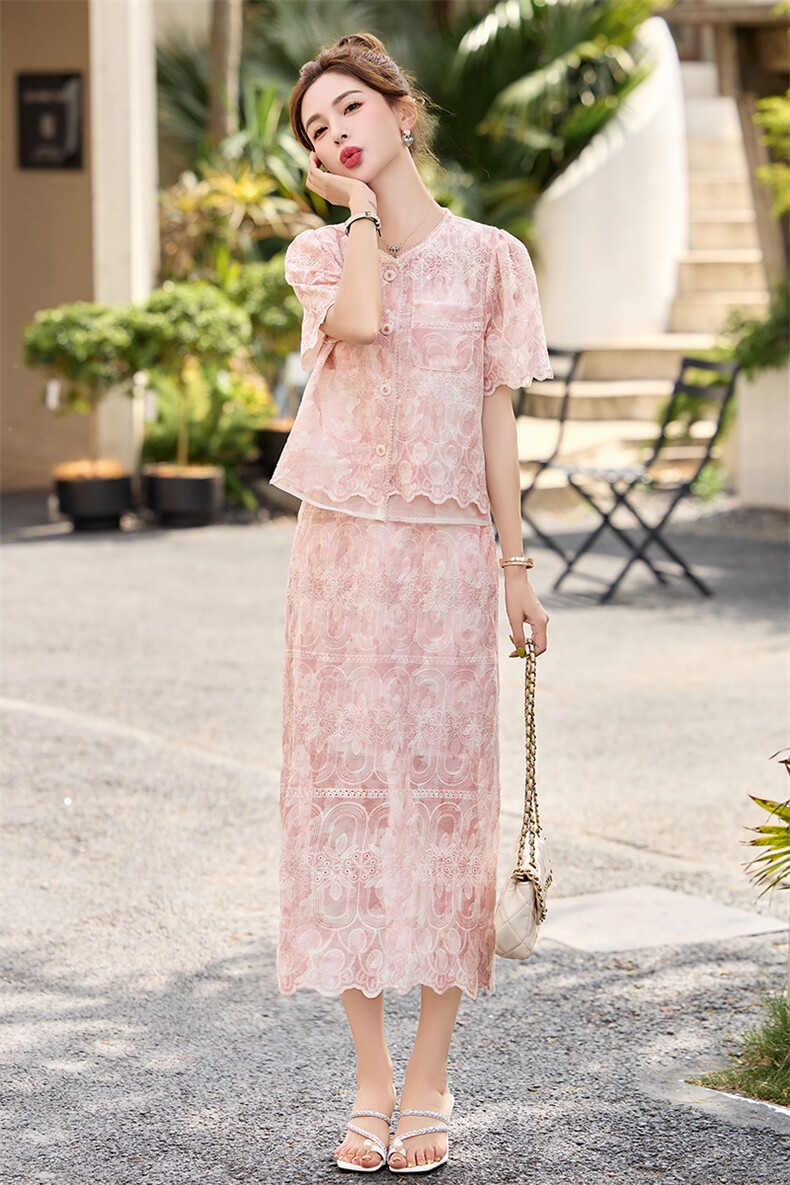 现货夏季新款水晶钉珠提花刺绣套装小香两件套显瘦裙子,女装套装/套裙,尚羽泽网红店