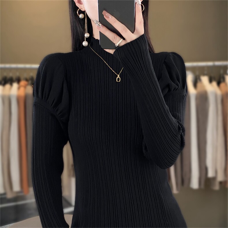时尚百搭花苞袖高领针织衫修身显瘦仿羊毛毛衣女款,针织衫/毛衣,暖姿羊绒