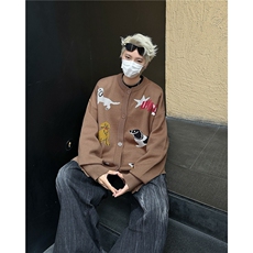 冬季美式卡通小狗刺绣针织开衫男女新款慵懒风毛衣外套MZ685-P64，男装针织衫/毛衣，星座412-3