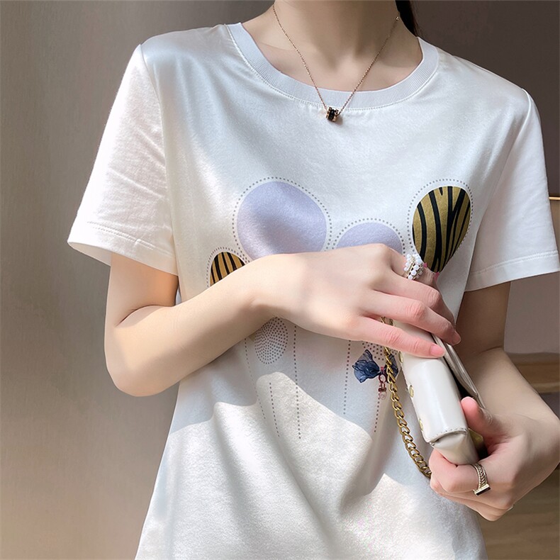 重磅真丝t恤女短袖印花桑蚕丝白色圆领小衫2024夏装半袖短款上衣,女装T恤,兴泰羊绒
