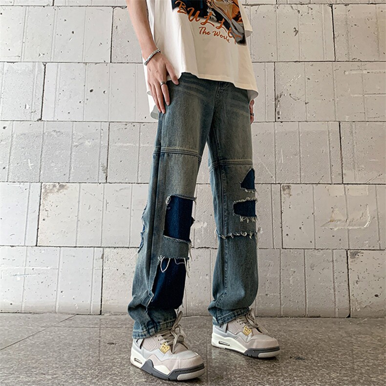 B221美式ins高街暗黑小众撞色破洞直筒牛仔裤LK23109-P65控88,男装牛仔裤,电商B221