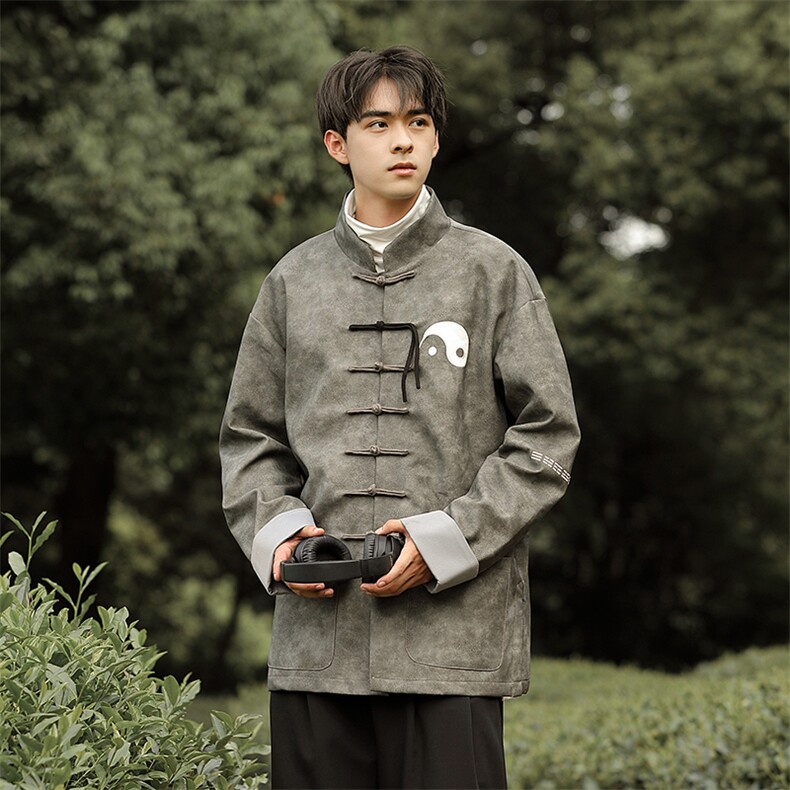 港风大码新中式潮PU皮太极刺绣复古盘扣休闲唐装加厚外套JK94,男装民族服装,星座305A（原312A-1）