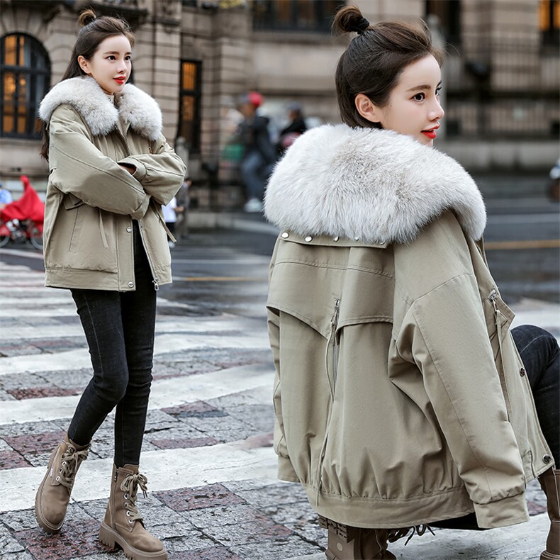 棉衣/棉服2021新款冬仿羊羔毛中长款工装棉服女海军领派克服配毛领，女装派克服，瑶迪依秀