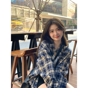 TC769-P45  早秋慵懒风复古宽松衬衣 美式复古格纹衬衫图片