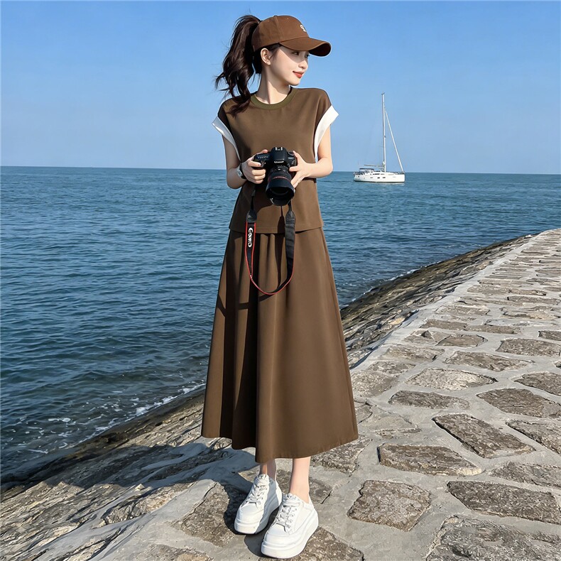 设计感撞色后背开叉圆领短袖套装女夏新款休闲高腰半身裙两件套潮,女装套装/套裙,江南