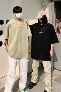 wassup happy麂皮绒短袖t恤男夏季潮牌复古重磅宽松休闲五分半袖图片