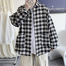 长袖衬衫男秋季潮流宽松格子衬衣潮牌港风ins休闲外套H211/P45，男装衬衫，钱塘713