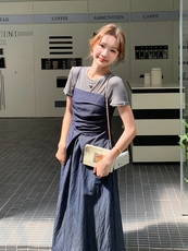 2025夏季新款韩版时尚短款小背心显瘦短袖长款假两件连衣裙，女装连衣裙，浙宝220