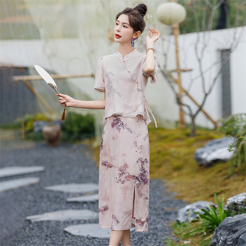 新中式改良旗袍2026年夏季新款气质长裙高级感半身裙两件套女,女装套装/套裙,霓裳依族