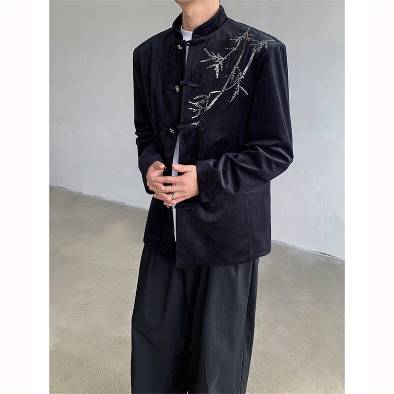 25新中式礼服重工亮片刺绣竹叶丝绒盘扣中山装西服外套XZ95-P158,男装西服,电商B288