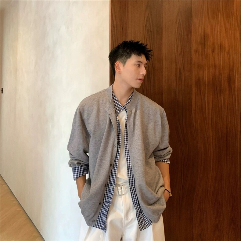 美式复古2025新款秋装男款衬衣痞帅高级感男长袖假两件拼色格子，男装衬衫，星座506A