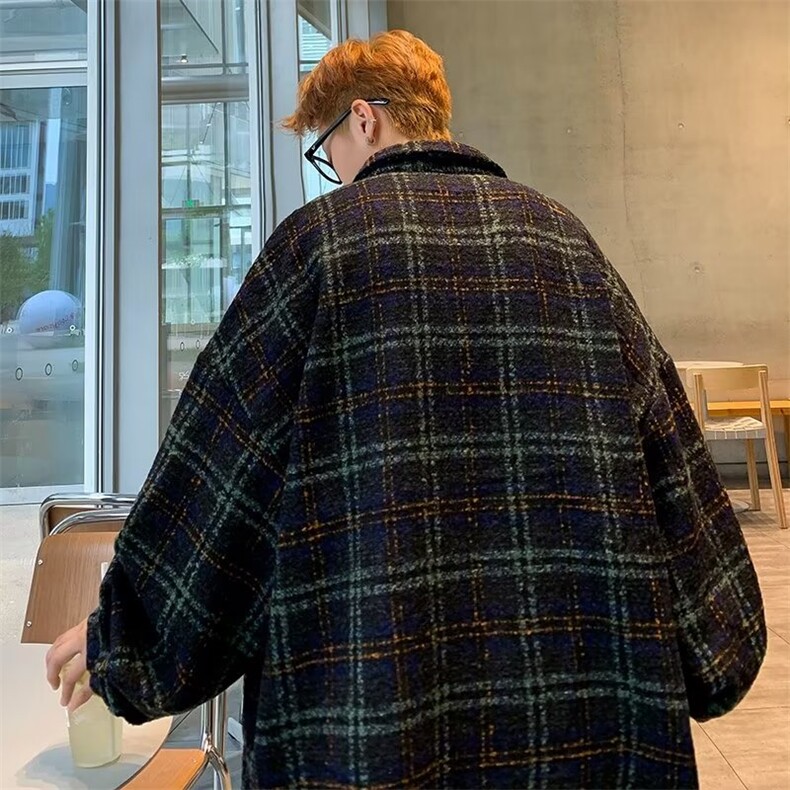 春秋日系复古毛呢潮牌格子衬衫男长袖韩版潮流情侣百搭休闲外套潮,男装夹克,星座601-2