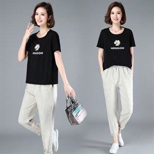 涵誉套装2022款时尚两件套装上身太阳花刺绣T恤加棉麻九分裤女图片