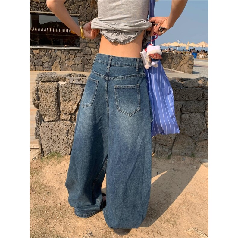 假两件设计感格子拼接牛仔裤女2025新款美式复古宽松阔腿弯刀裤子,男装牛仔裤,星座506A
