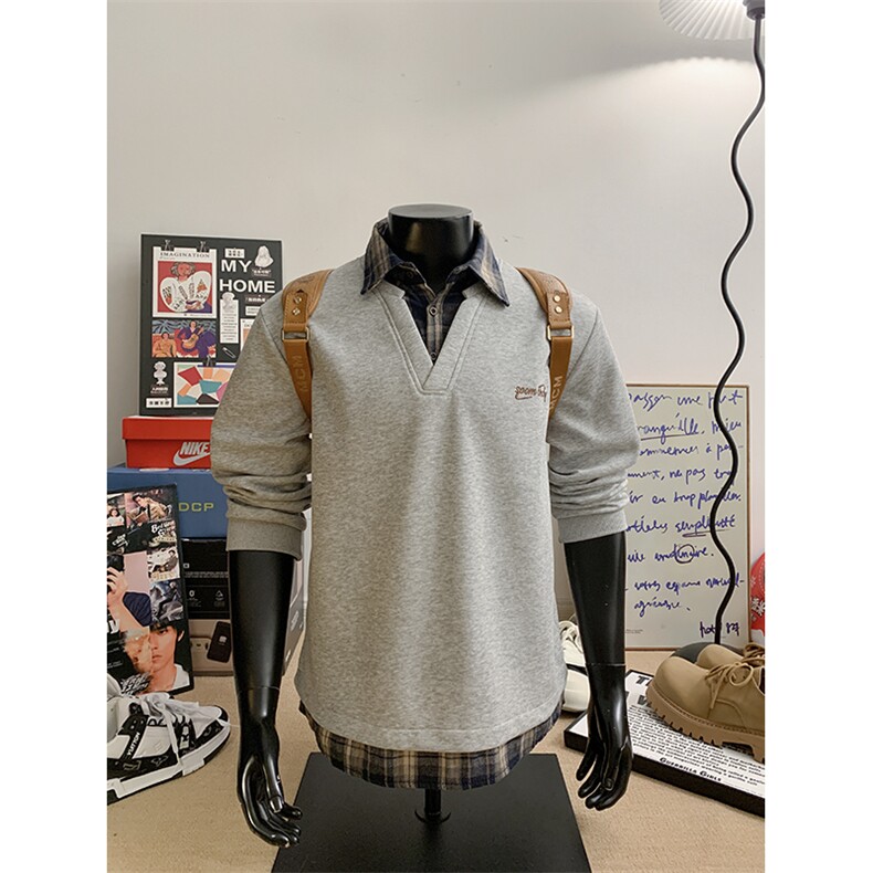 假两件卫衣男秋冬拼接衬衫领学院风上衣外套WY3658-特P38加绒P40,男装衬衫,电商B295