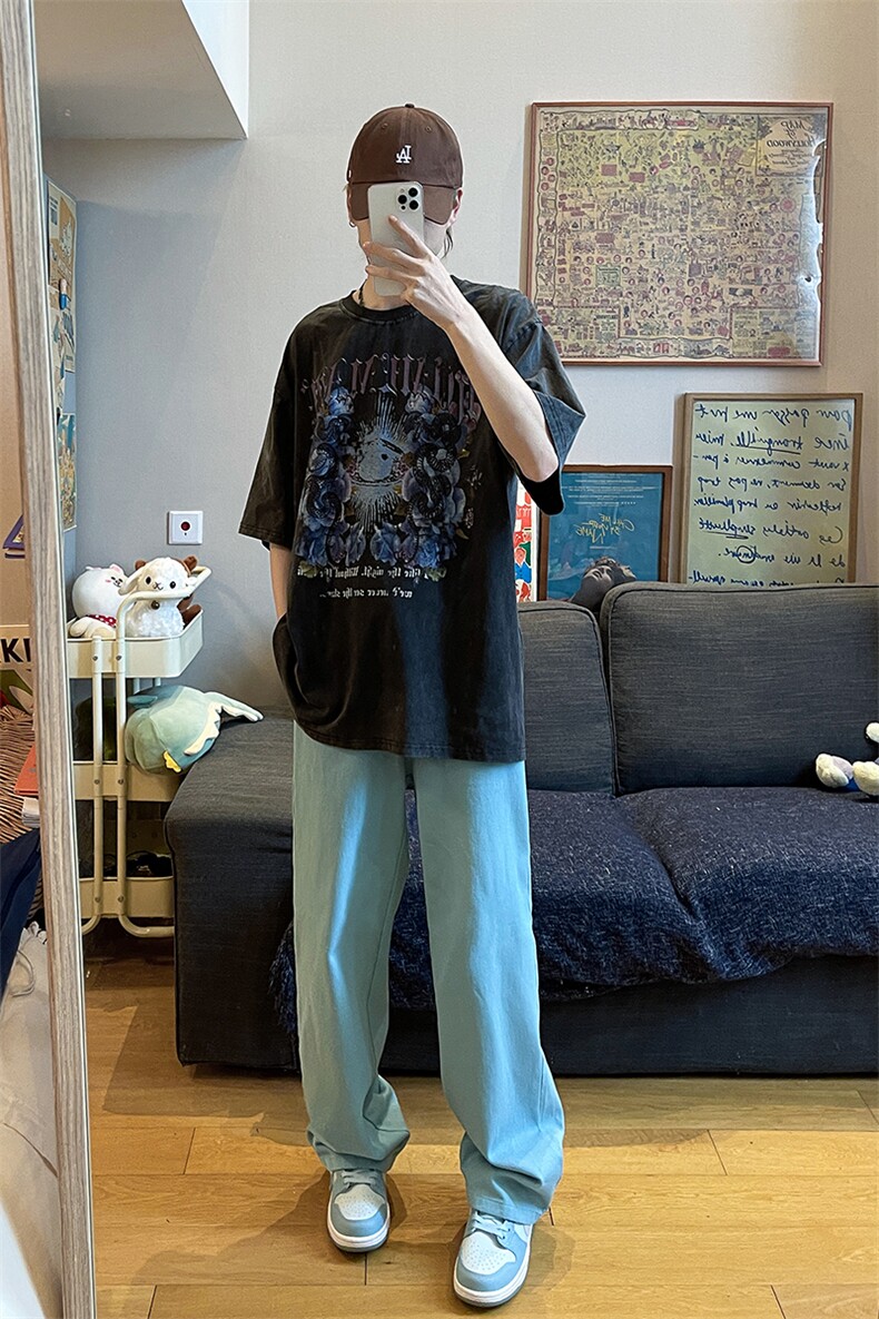 简约风裤子男生春秋季青少年加肥加大码潮牌宽松直筒阔腿休闲长裤,男装休闲裤,电商D206-1