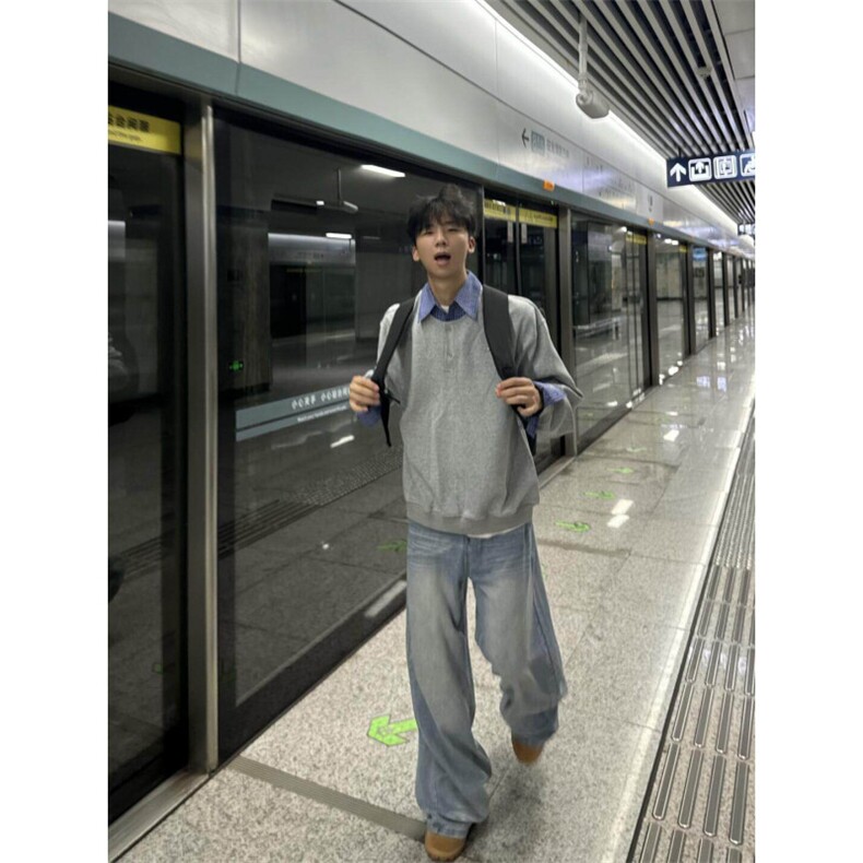 网图-WY10-P5825春装假两件套头卫衣格子拼接上衣套头衫内搭,男装卫衣,电商B327