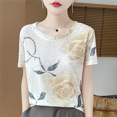 印花设计莱赛尔针织短袖T恤女圆领百搭短袖背心25新款针织打底，女装T恤，朝贺羊绒