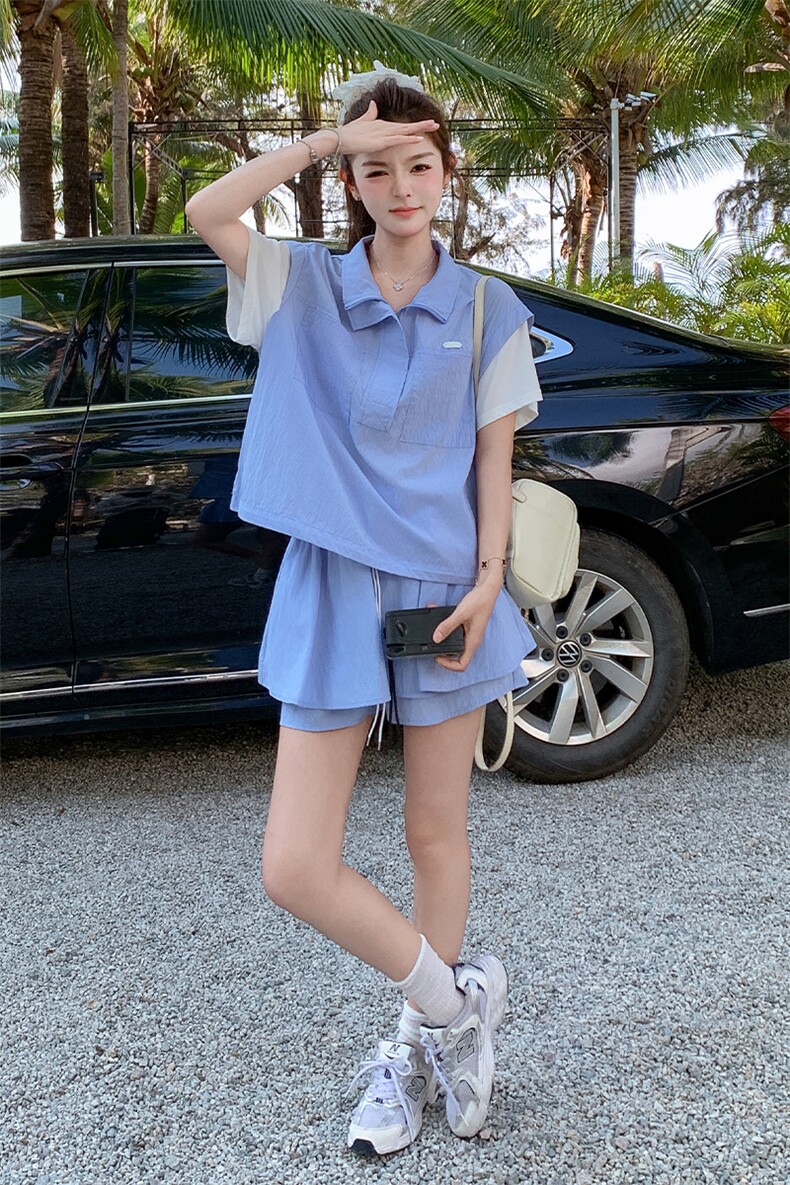 学院风休闲假两件立领上衣短裙裤两件套女2025夏季新款小个子套装,女装运动套装,浙宝285（原212）