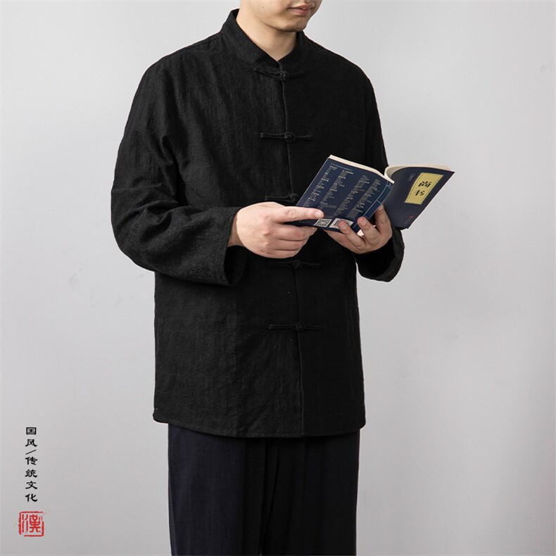 秋冬新款风男装棉麻提花立领盘扣新中式唐装衬衫C228P85图片