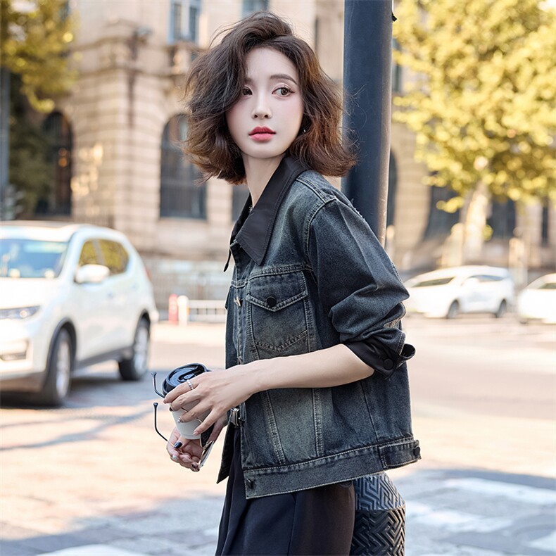 现货2025年女秋季新款气质时尚拼接翻领牛仔外套,女装短外套,英标秀（1C119）