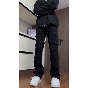 黑色高街裤子男春季美式潮牌vibe直筒青少年修身显瘦微喇工装长裤图片