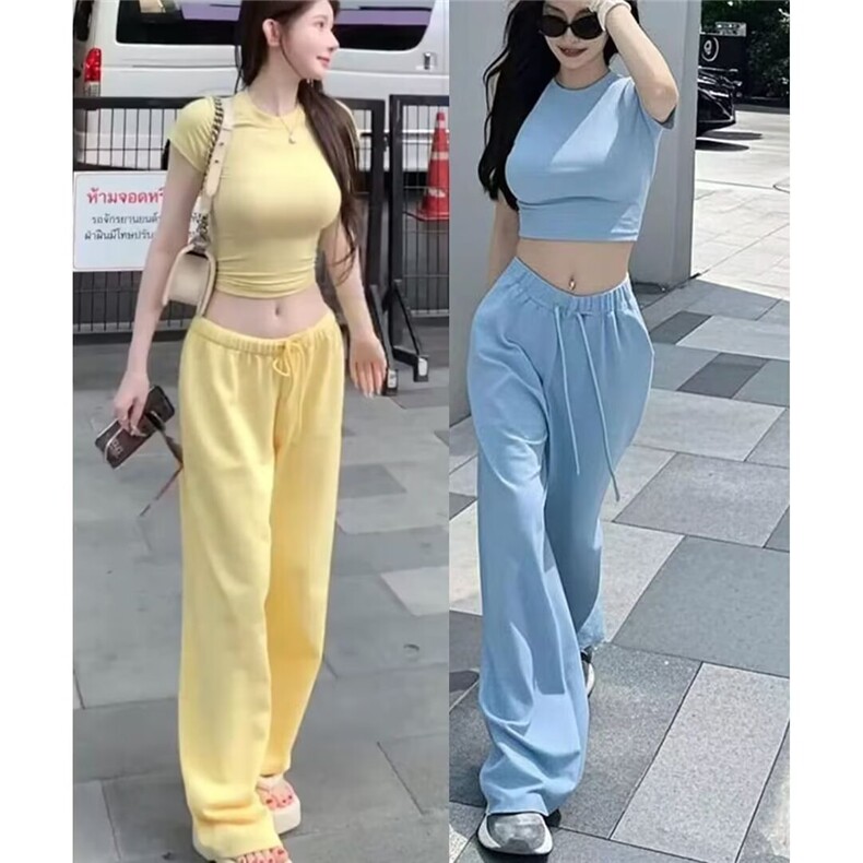 2025时尚辣妹修身短袖阔腿长裤两件套装女宽松显瘦百搭短袖T恤,男装T恤,星座1210-1