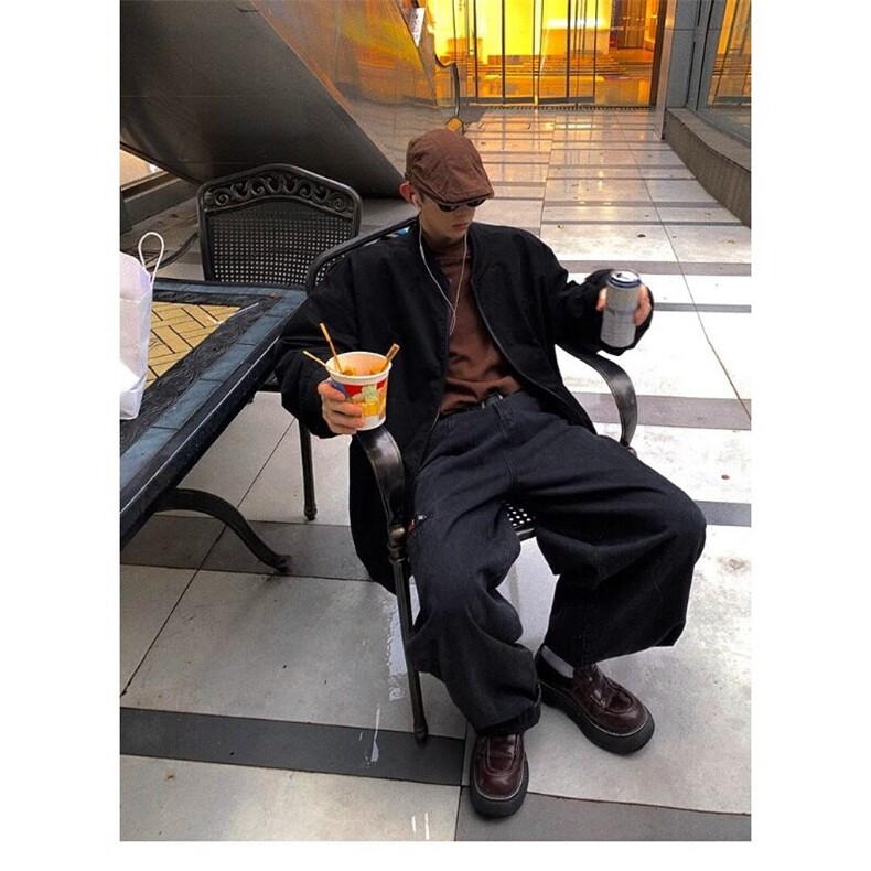 全黑廓形大版外套复古水洗全棉万针刺绣防风衣,男装夹克,星座506A