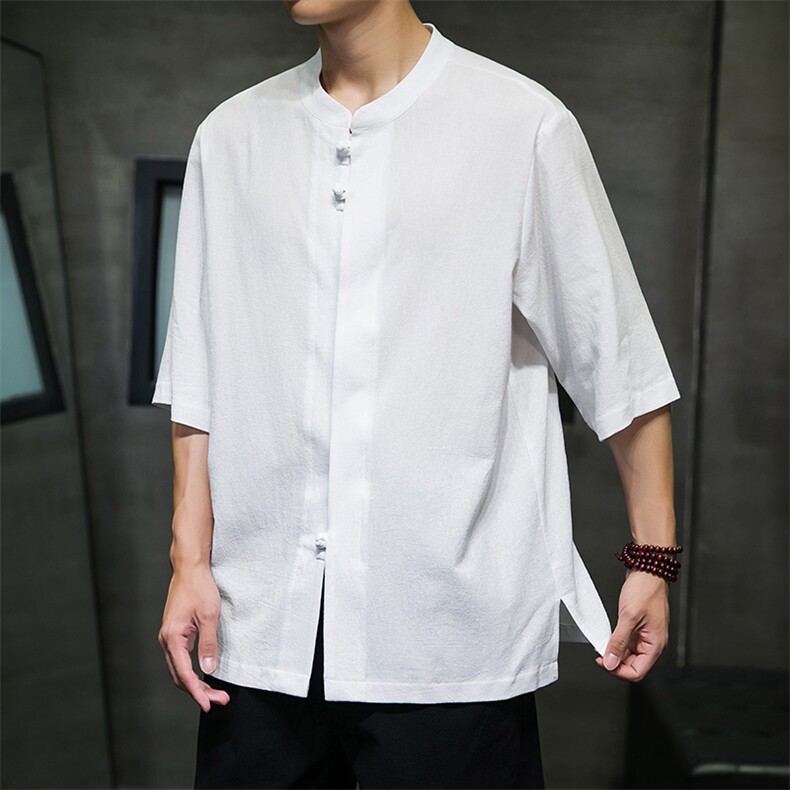 2023风男装盘扣唐装汉服五分袖短袖衬衫A203A-6809,男装T恤,星座815-1（原A203A）