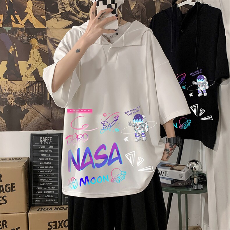 LD54186-P45NASA联名同款连帽短袖t恤男大码胖子带帽五分袖海报风图片