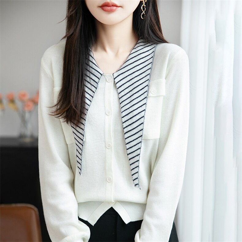 法式时尚设计感条纹披肩领针织打底开衫女高级感小众洋气上衣新,针织衫/毛衣,远腾羊绒