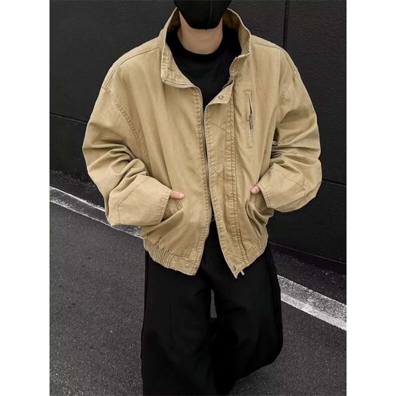 美式复古卡其立领工装夹克cleanfit高级感短宽巴恩风外套jk173p65,男装夹克,电商D315