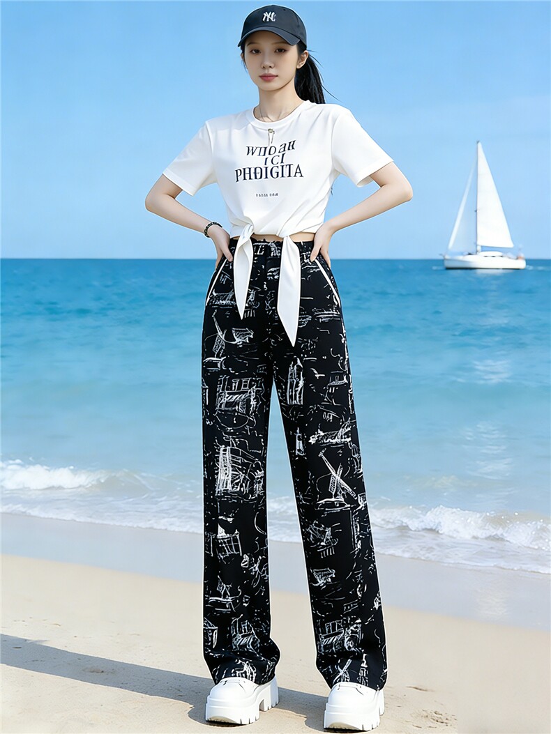 重工印花时尚休闲套装女夏季新款白色短袖上衣黑色阔腿长裤两件套,女装套装/套裙,江南