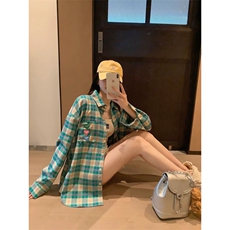 TC597-P45新款绿色格纹衬衫女慵懒风韩系防晒衬衣宽松开衫上衣，女装衬衫，星座617A-2