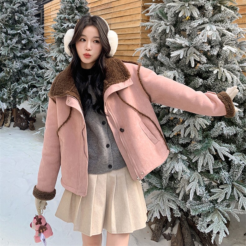 粉色皮毛一体麂皮绒羊羔毛外套女2025新款小个子加绒加厚短款棉服,女装棉衣/棉服,2C032