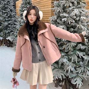 粉色皮毛一体麂皮绒羊羔毛外套女2025新款小个子加绒加厚短款棉服图片