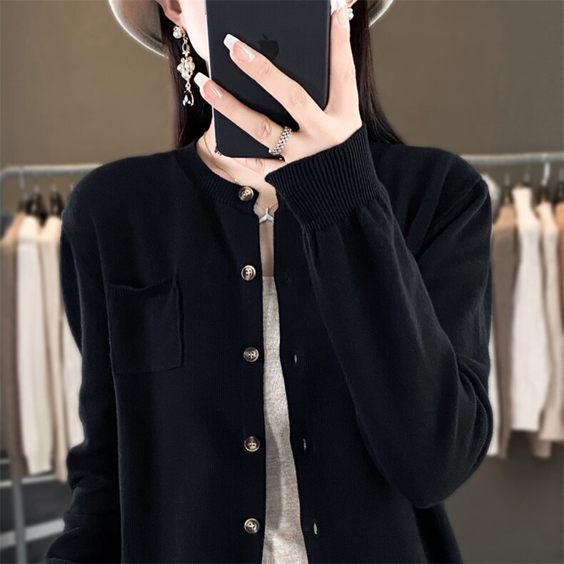 通勤简约圆领长袖针织开衫女纯棉复古毛衣外套宽松遮肉百搭上衣新,针织衫/毛衣,阁惠羊绒