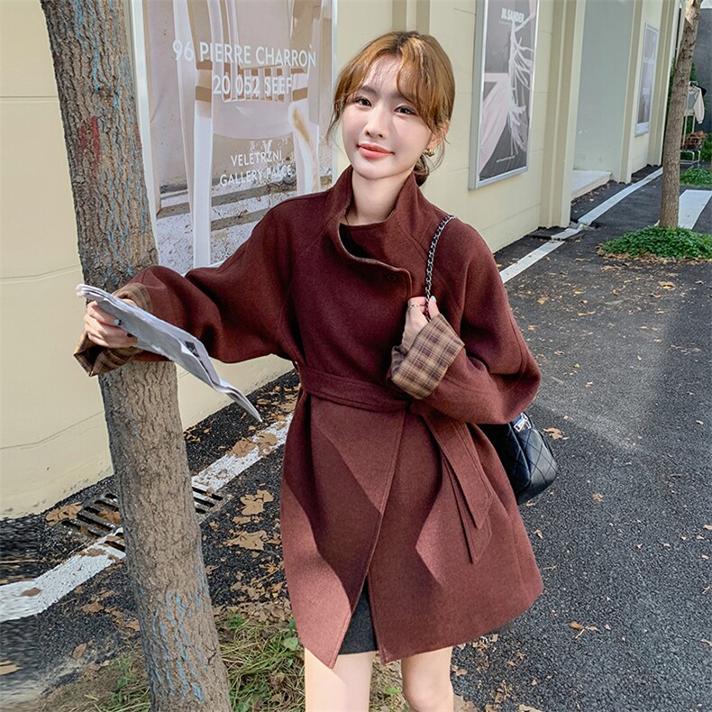 新款现货主推袖子拼色毛呢大衣9887-P175-K258,女装短外套,2C129
