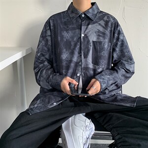 扎染春秋长袖衬衫男港风休闲翻领潮流百搭学生日系衬衣cs044-p30图片