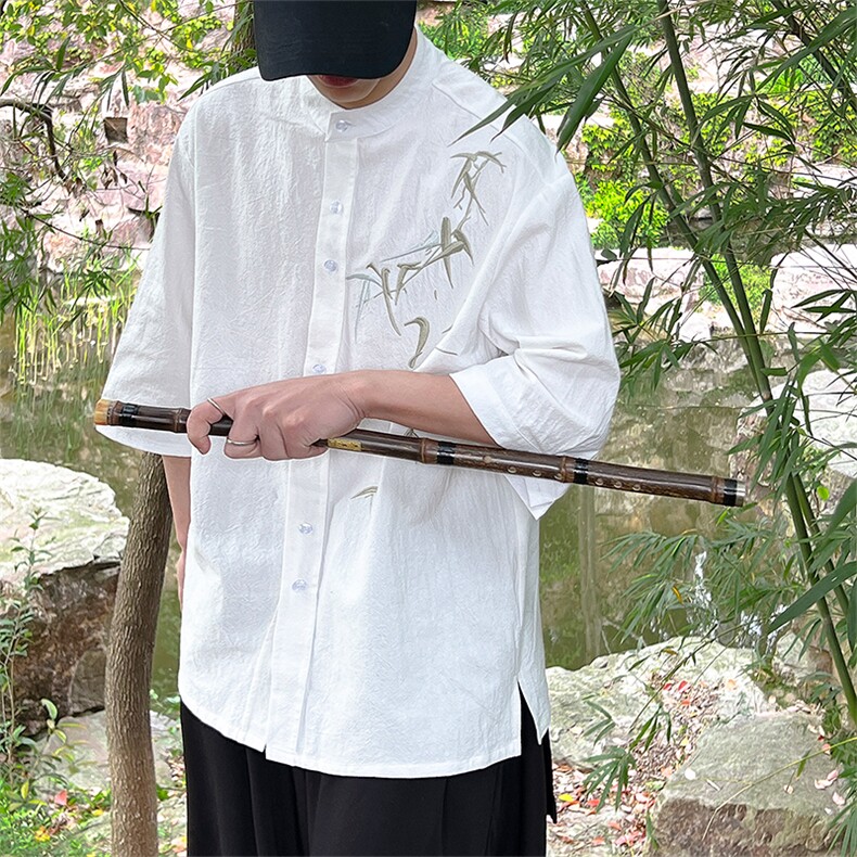 风24夏季新款大码男士竹叶肩膀刺绣中袖棉麻衬衫T29-P65-控78图片