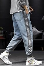 2021春秋季新日系男大码束脚印花撞色拼接九分破洞牛仔裤N8105-P50，男装牛仔裤，电商A001