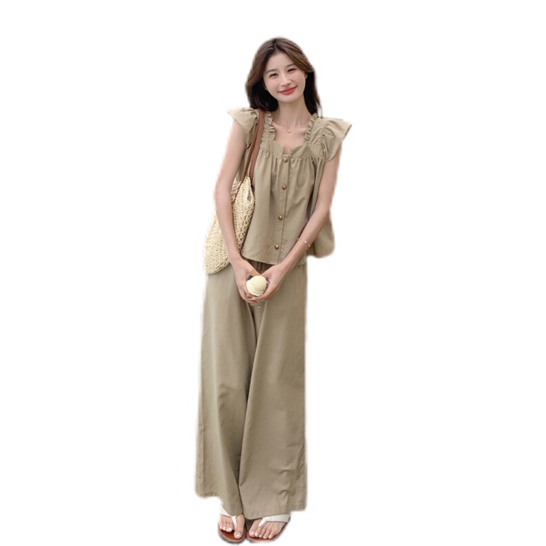 卡其色时尚棉麻连衣裙套装女夏新款学院风减龄小飞袖半身裙两件套,女装运动套装,浙宝285（原212）