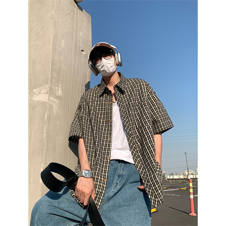 复古格子短袖衬衫男宽松高级感学院风情侣衬衣DC2228-特价P29,男装T恤,电商A007